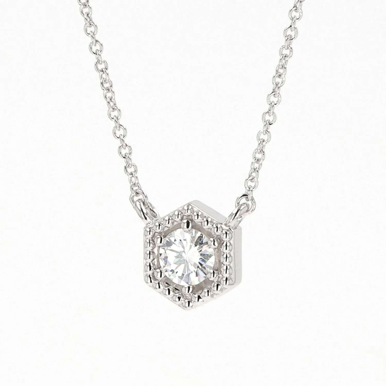 0.33 CTW DEW Round Moissanite Geometric Bead Halo Necklace in Sterling Silver