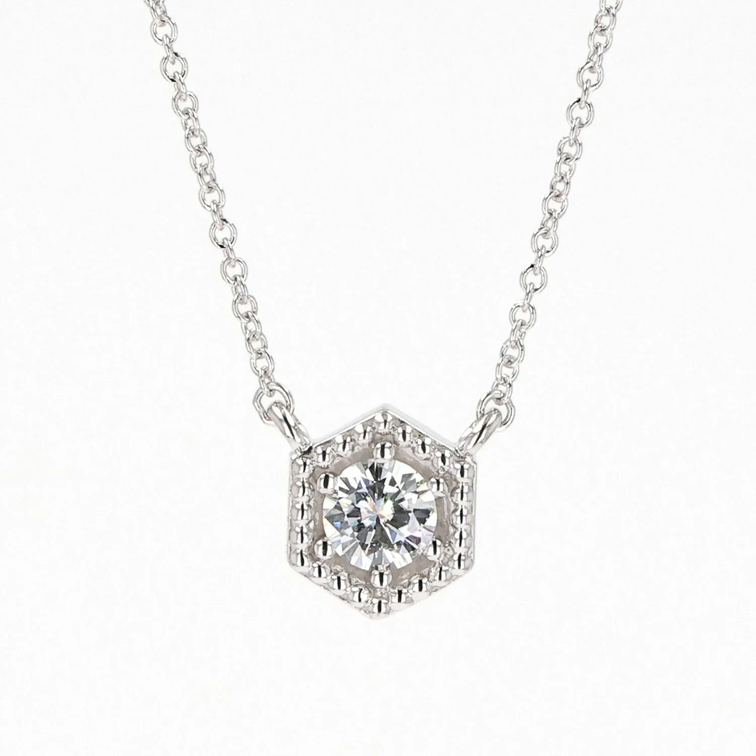 0.33 CTW DEW Round Moissanite Geometric Bead Halo Necklace in Sterling Silver