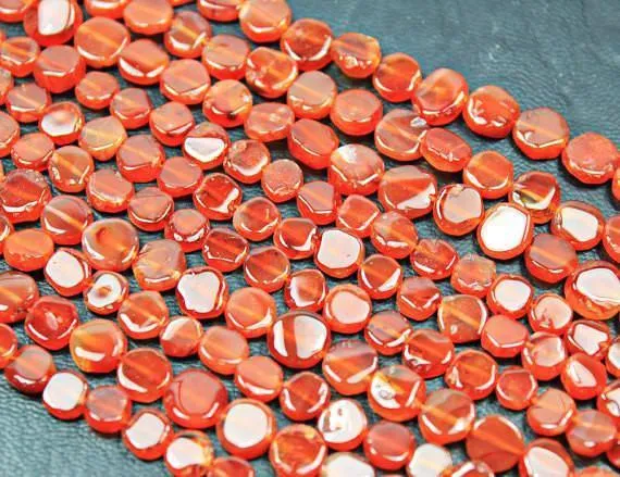10 x Natural Orange Carnelian Smooth Flat Round Coin Beads Strand 6-7mm 13"