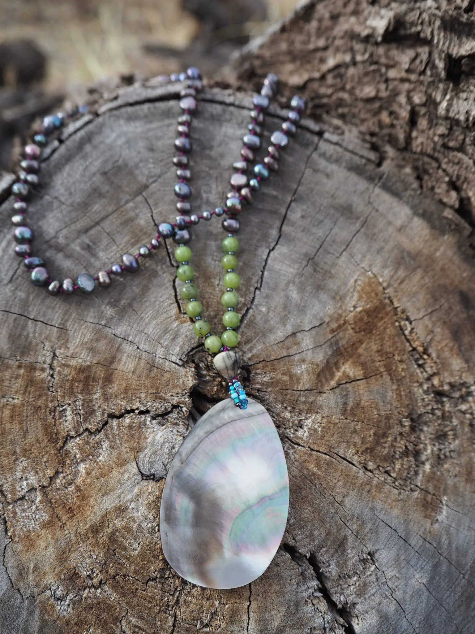 108 Bead Mala - Freshwater Pearl, Abalone, and Jade