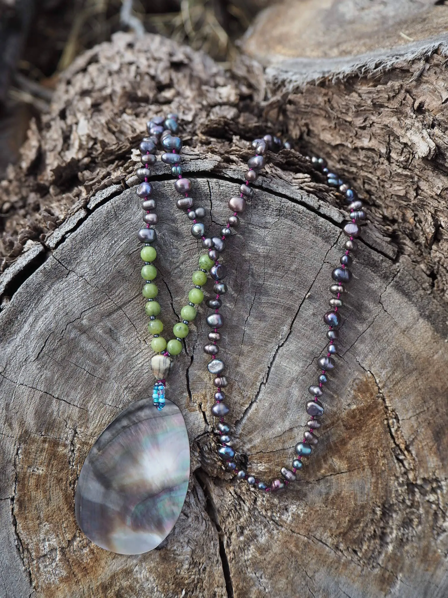 108 Bead Mala - Freshwater Pearl, Abalone, and Jade