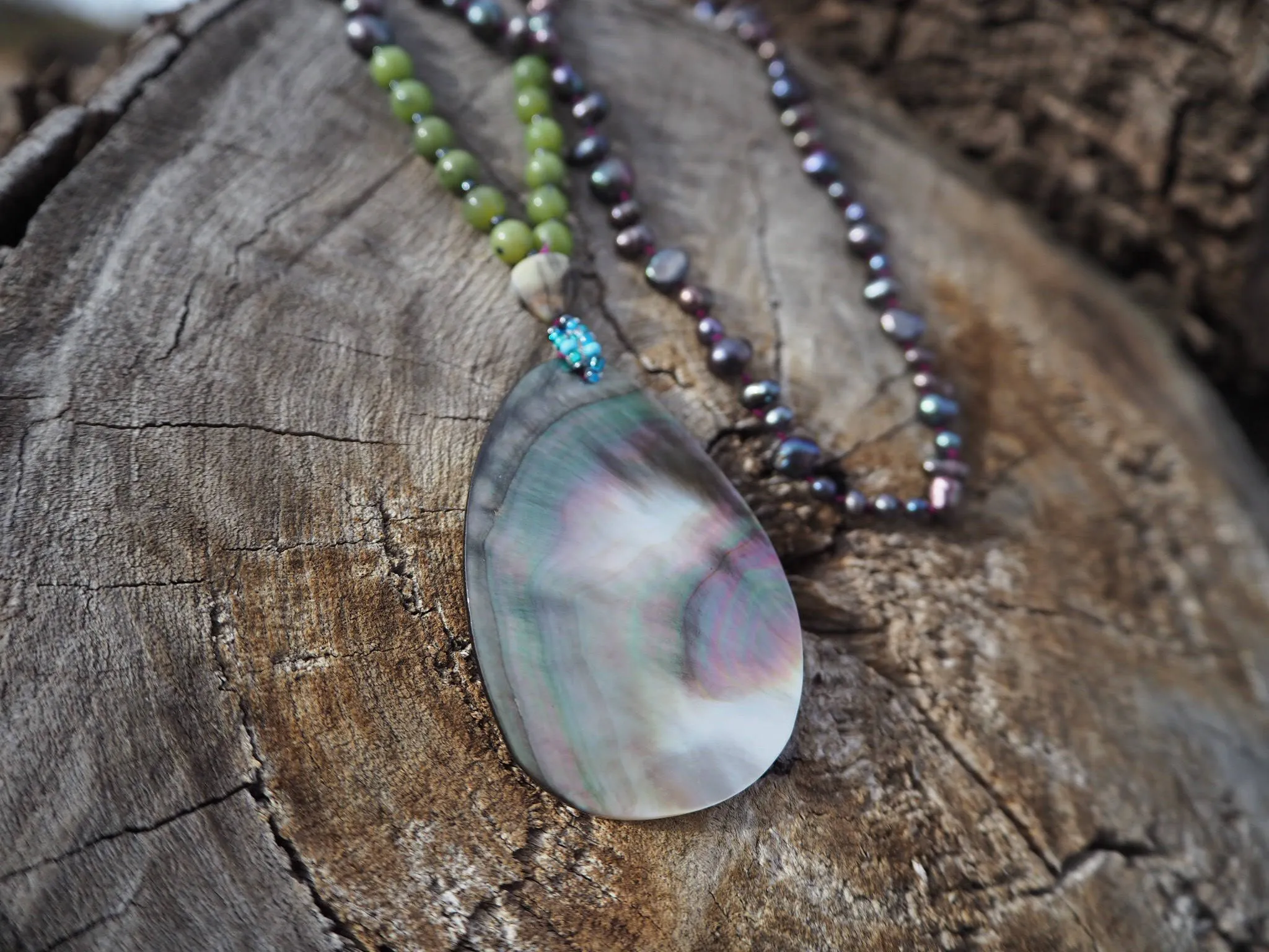 108 Bead Mala - Freshwater Pearl, Abalone, and Jade