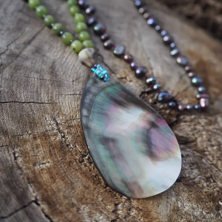 108 Bead Mala - Freshwater Pearl, Abalone, and Jade