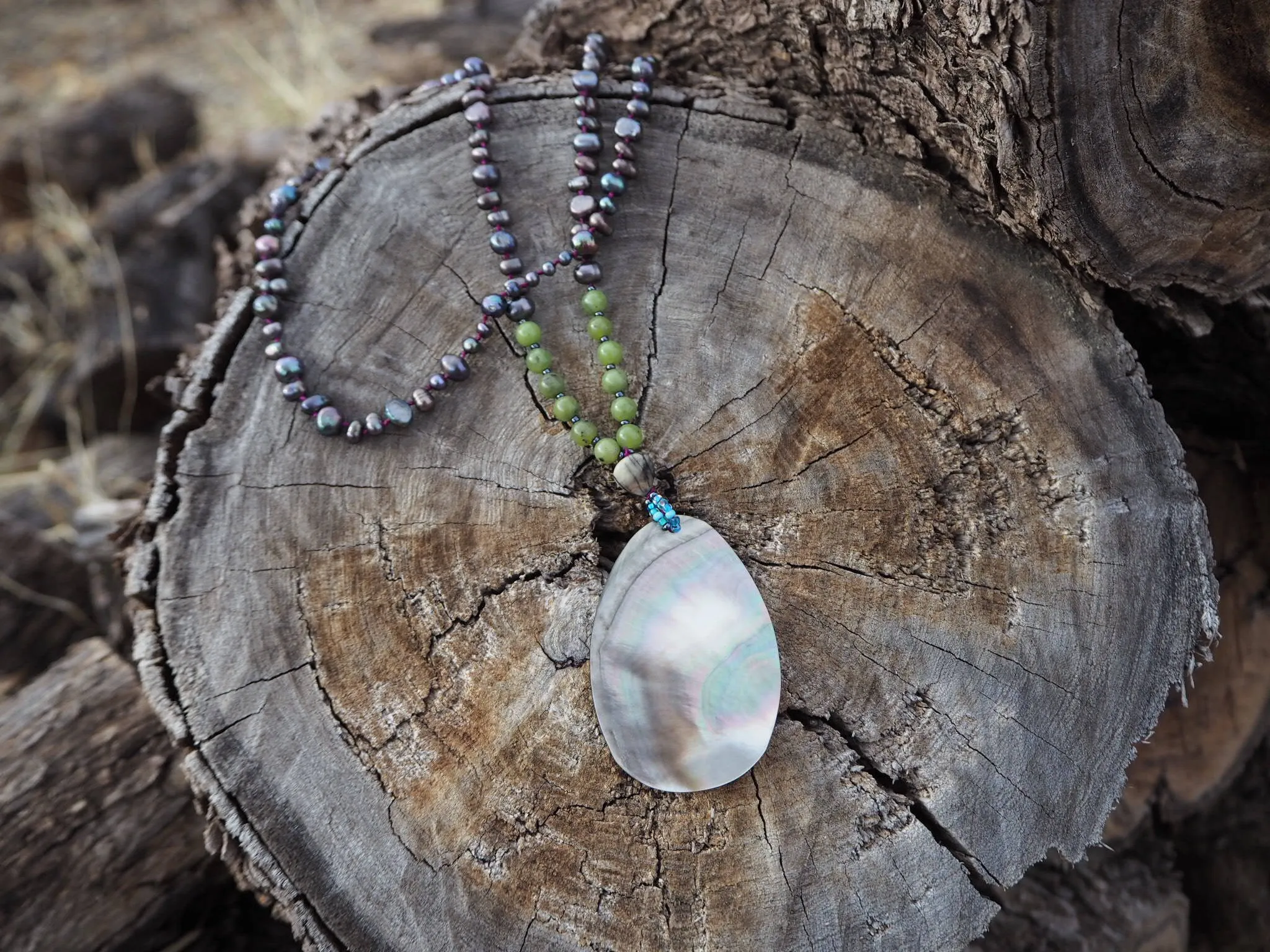 108 Bead Mala - Freshwater Pearl, Abalone, and Jade