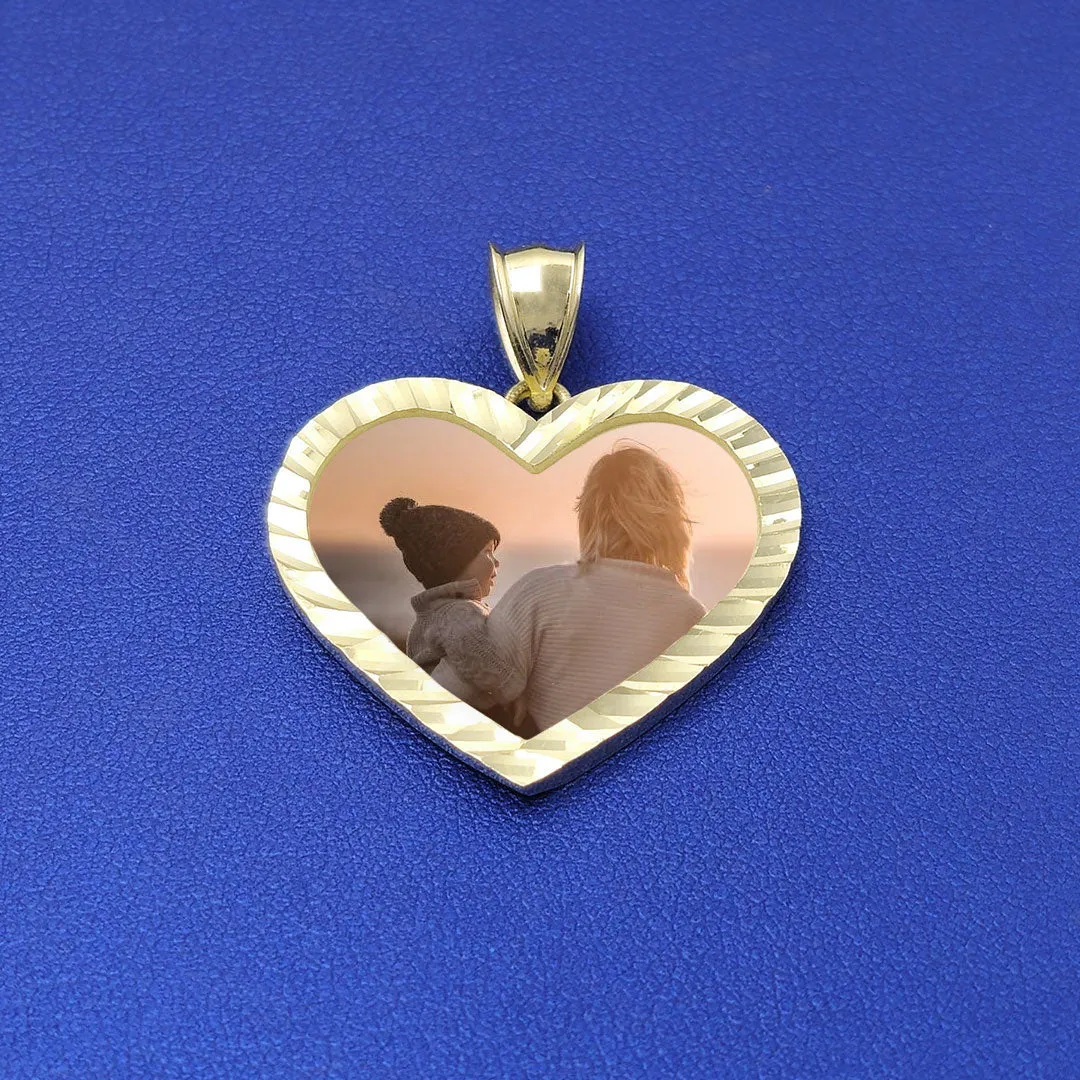 10k Custom Heart Diamond Cut Border Picture Pendant