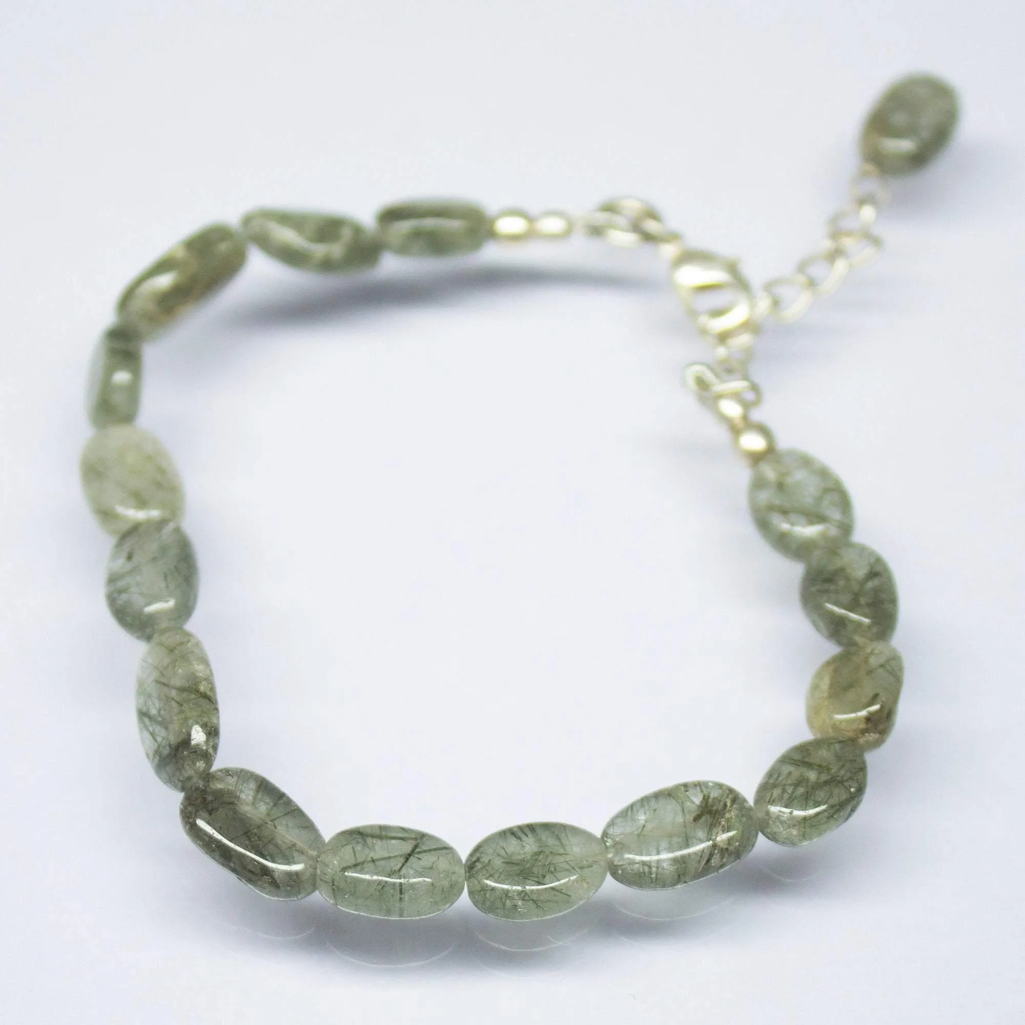 12 inches, 8-8.5mm, Natural Moss Quartz Smooth Oval Beaded Bracelet, Quartz Beads
