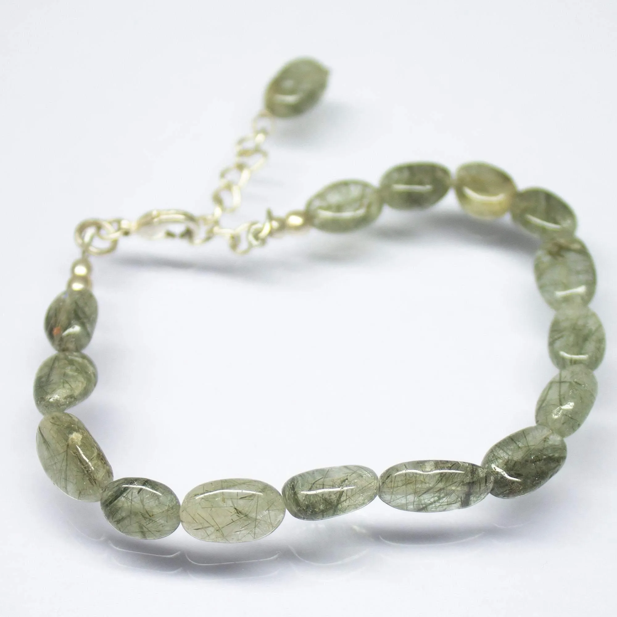 12 inches, 8-8.5mm, Natural Moss Quartz Smooth Oval Beaded Bracelet, Quartz Beads