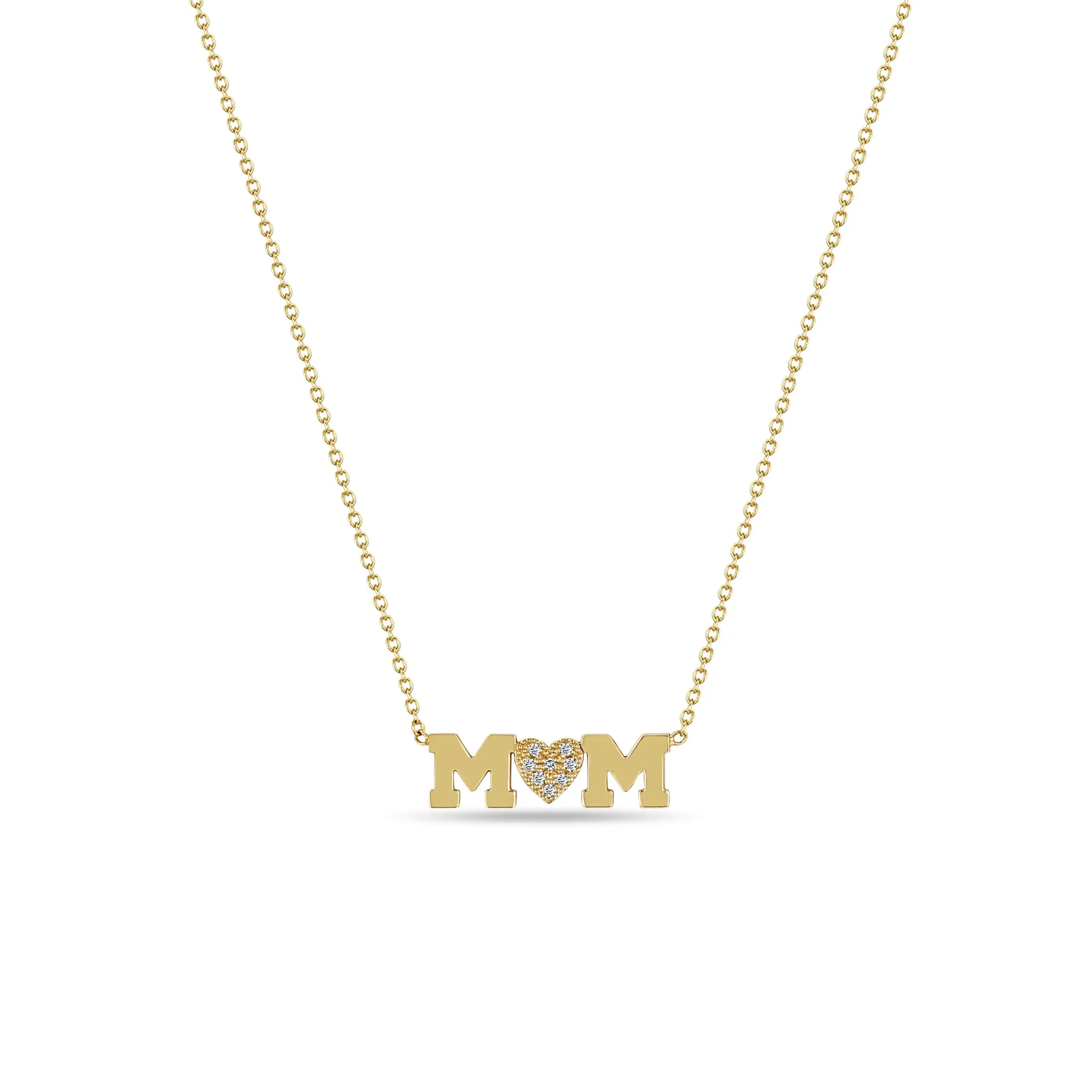 14k MOM with Pavé Diamond Heart Necklace