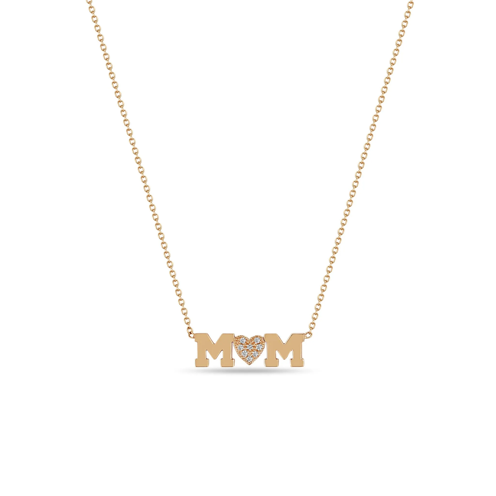14k MOM with Pavé Diamond Heart Necklace