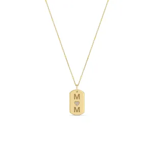 14k MOM with Pavé Diamond Heart X-Small Dog Tag Necklace