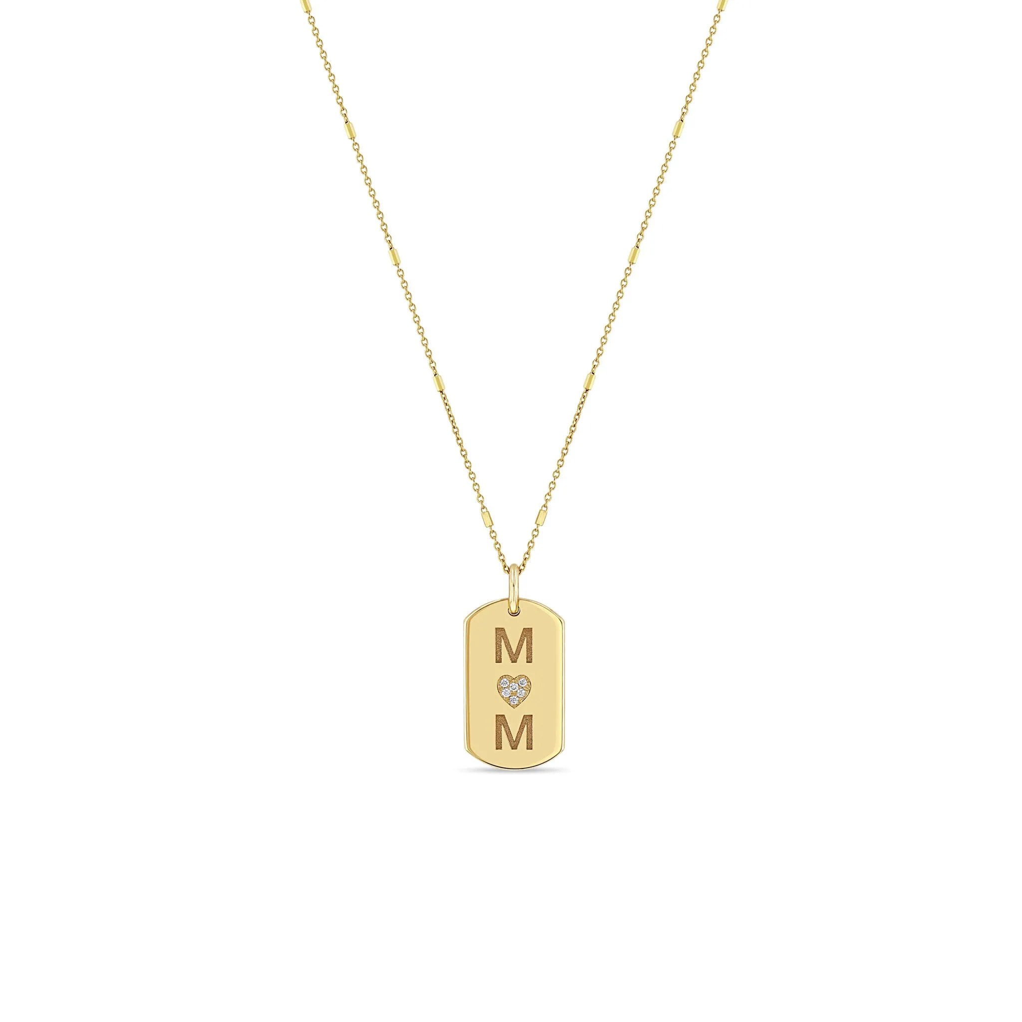 14k MOM with Pavé Diamond Heart X-Small Dog Tag Necklace