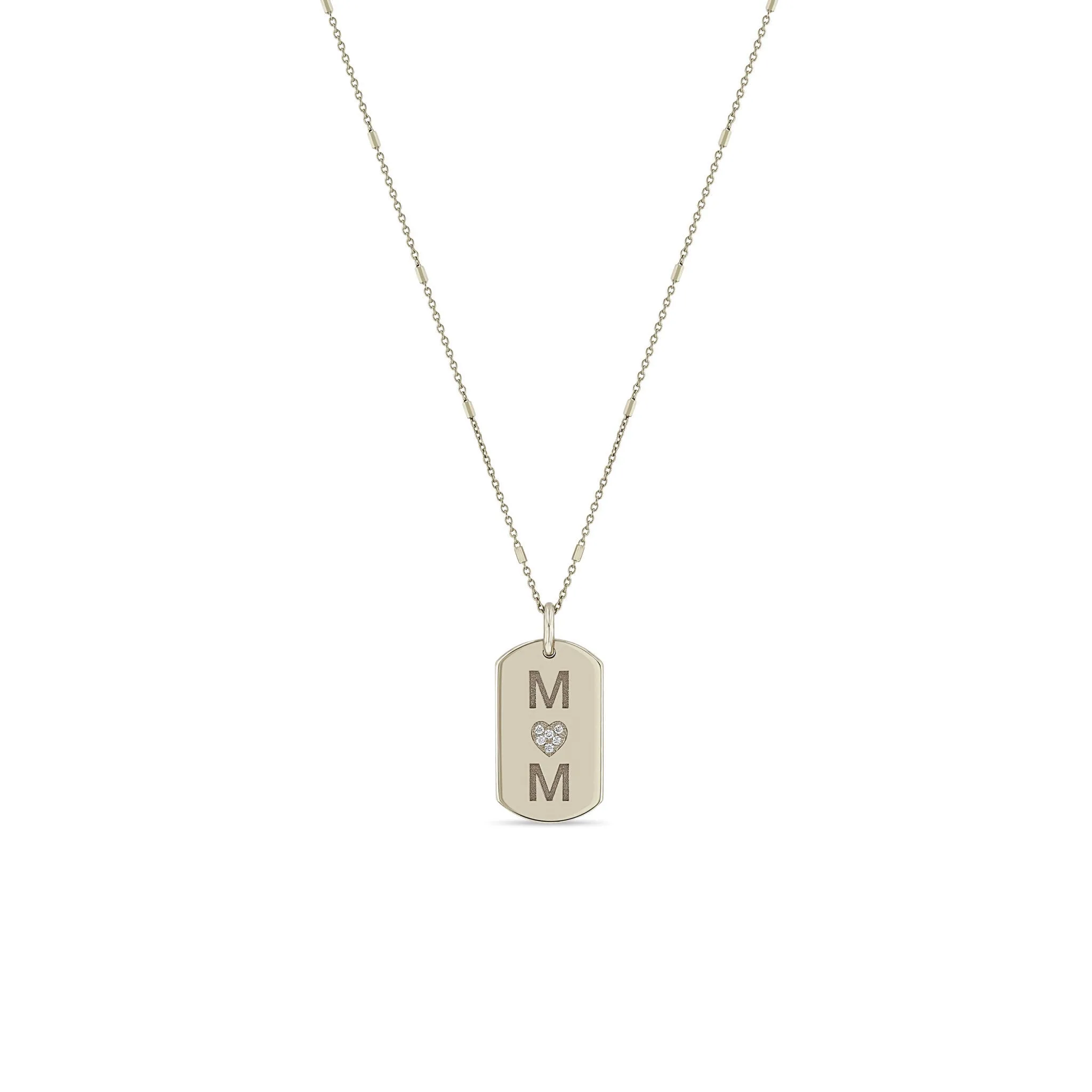 14k MOM with Pavé Diamond Heart X-Small Dog Tag Necklace
