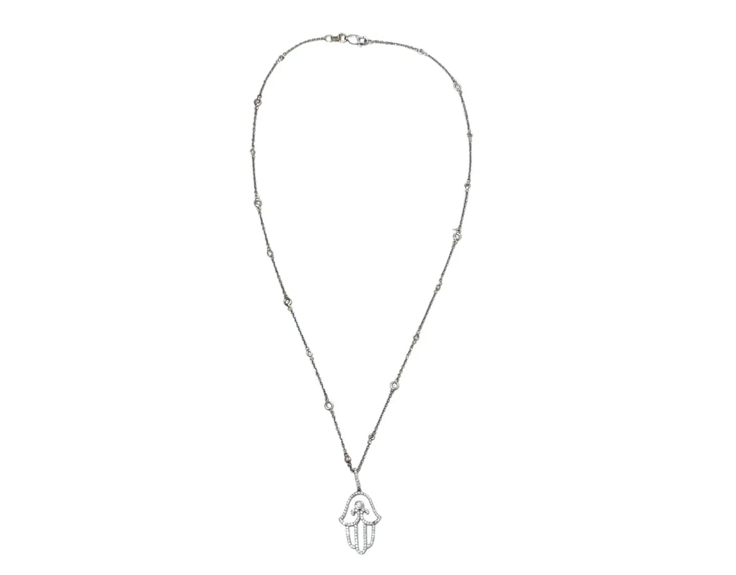 14k White Gold & 585 Hamsa Pendant Necklace With Diamonds