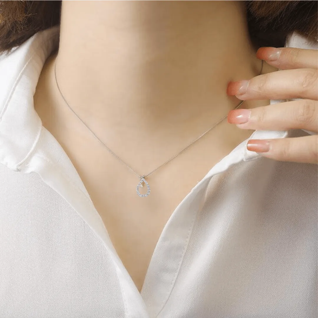14K White Gold Lab Diamond Open Teardrop Pendant Necklace