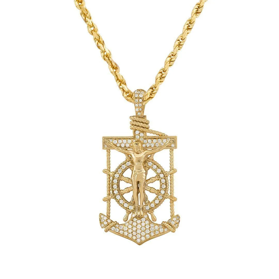 14k Yellow Gold Diamond Anchor Pendant in 0.55 Cwt.