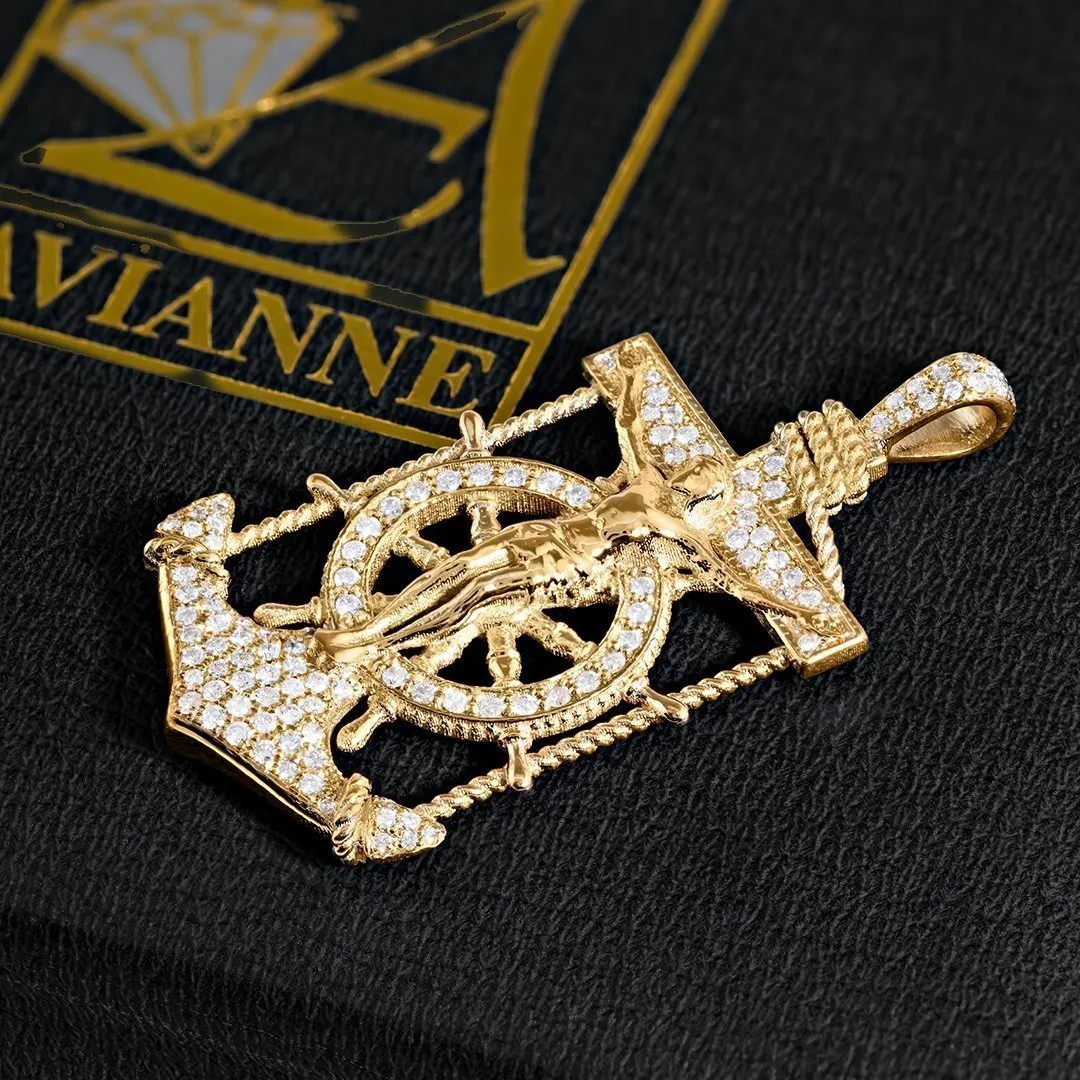 14k Yellow Gold Diamond Anchor Pendant in 0.55 Cwt.