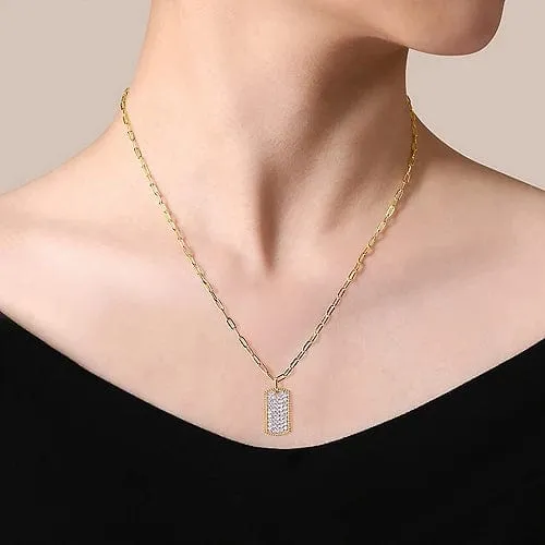 14K Yellow Gold Diamond Pave' Dog Tag Pendant Hollow Chain Necklace