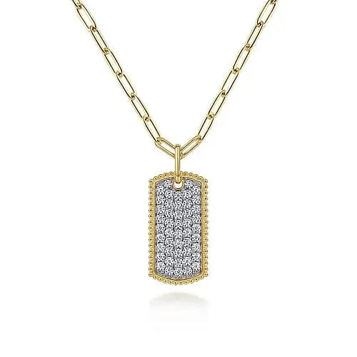 14K Yellow Gold Diamond Pave' Dog Tag Pendant Hollow Chain Necklace