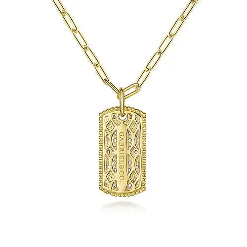 14K Yellow Gold Diamond Pave' Dog Tag Pendant Hollow Chain Necklace