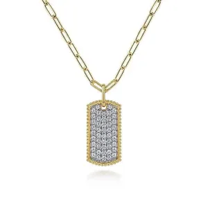 14K Yellow Gold Diamond Pave' Dog Tag Pendant Hollow Chain Necklace