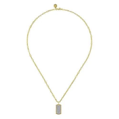 14K Yellow Gold Diamond Pave' Dog Tag Pendant Hollow Chain Necklace