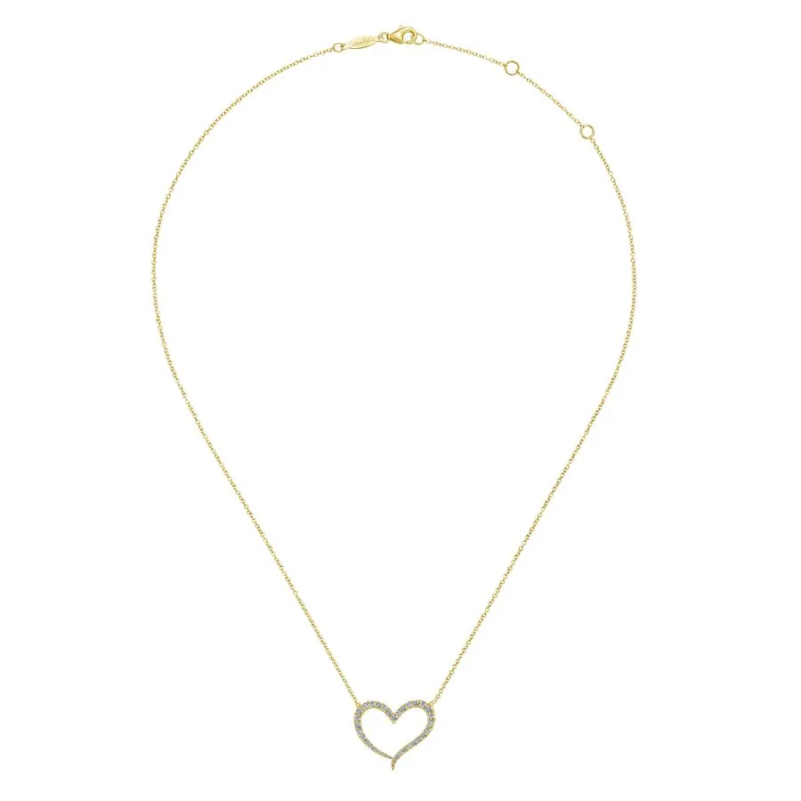 14K Yellow Gold Open Heart Diamond Pendant Necklace