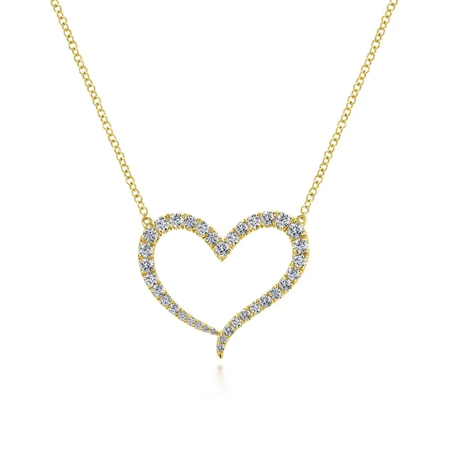 14K Yellow Gold Open Heart Diamond Pendant Necklace