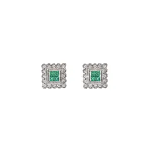 14KT White Emerald And Diamond Square Earrings