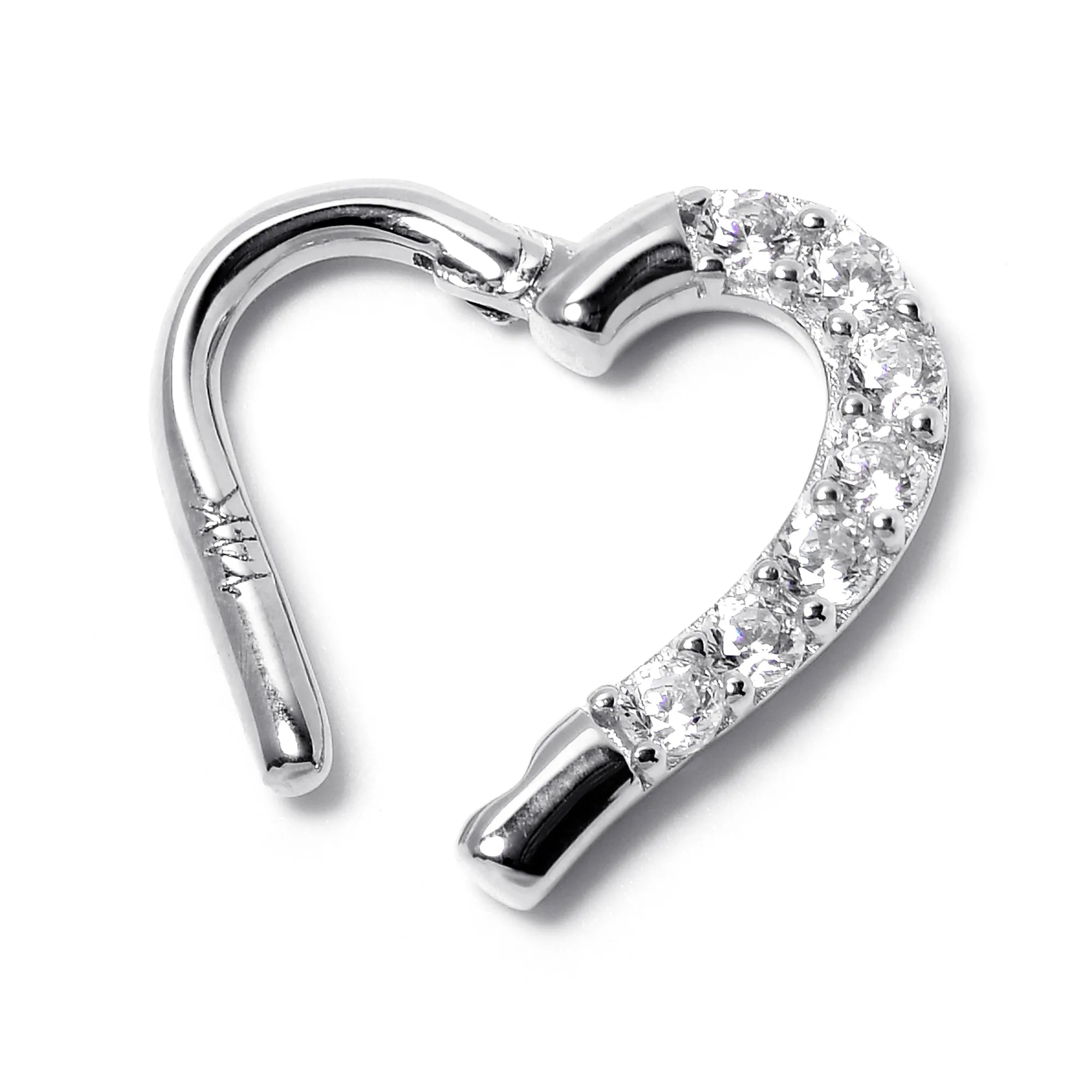 16 Gauge 5/16 14k White Gold CZ Paved Ultra Luxe Left Hinged Heart Segment Ring
