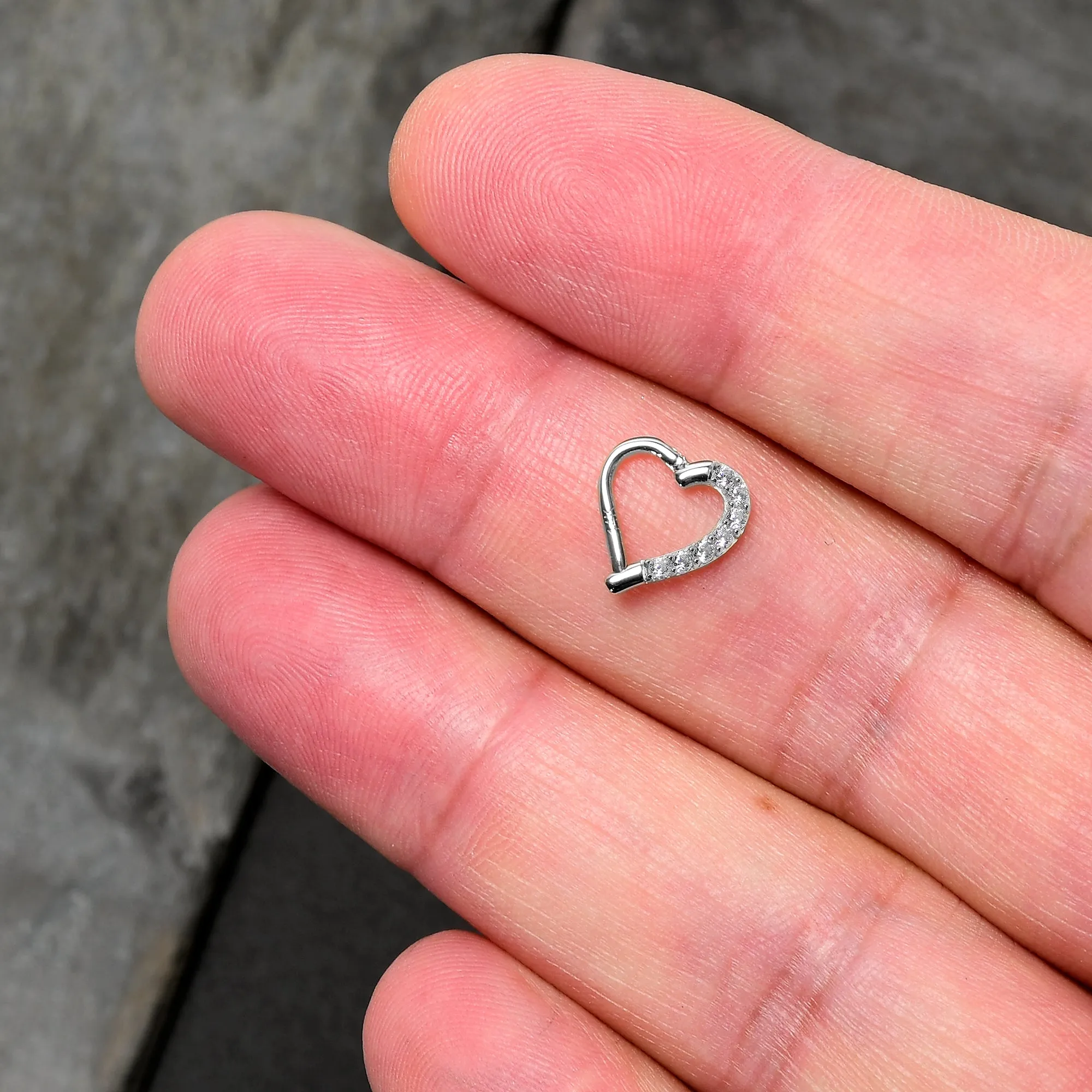 16 Gauge 5/16 14k White Gold CZ Paved Ultra Luxe Left Hinged Heart Segment Ring