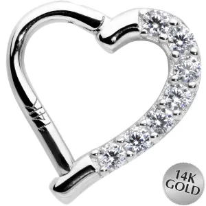 16 Gauge 5/16 14k White Gold CZ Paved Ultra Luxe Left Hinged Heart Segment Ring