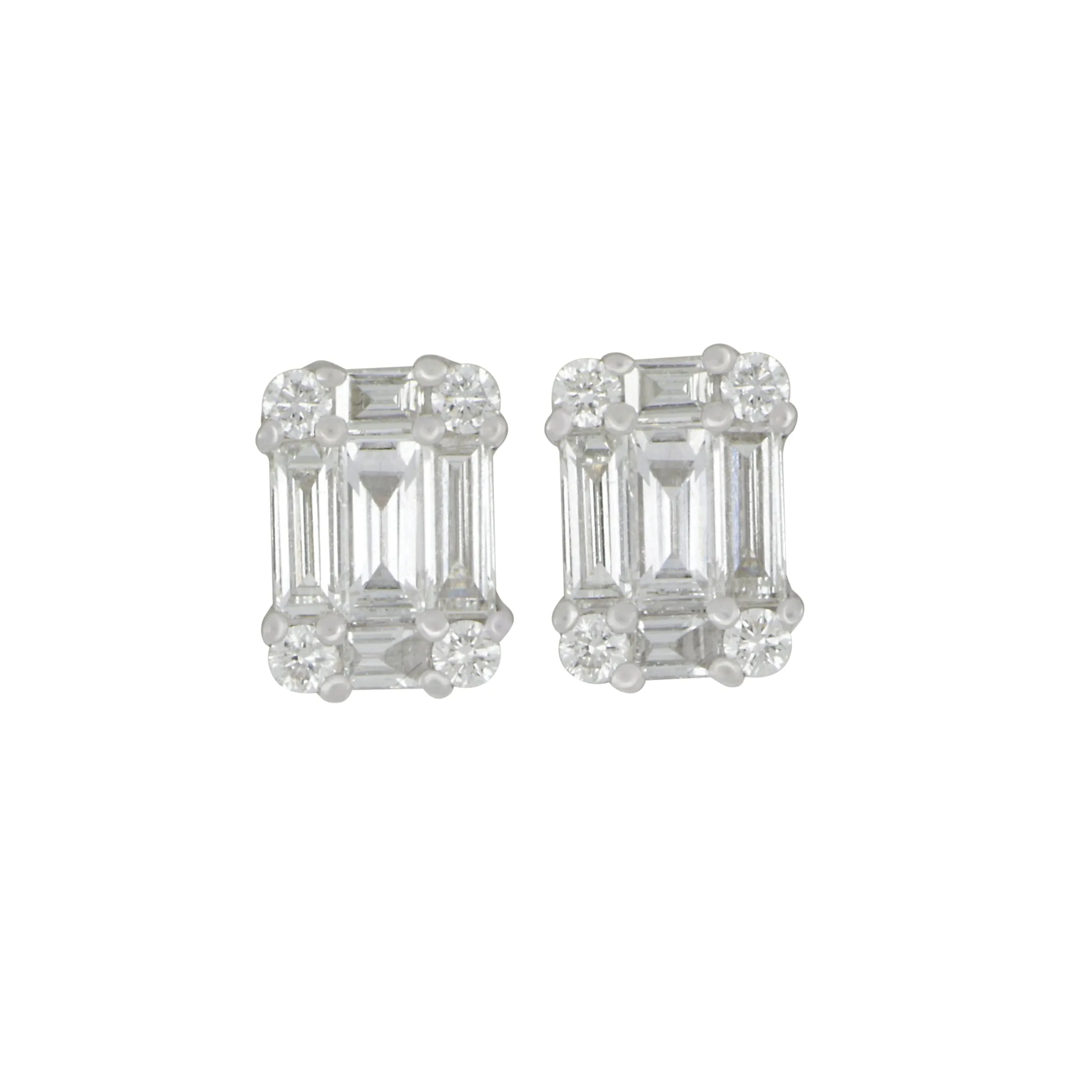 18k White Gold Round and Baguette Mosaic Stud Earrings, D=0.62tw GH/SI-VS