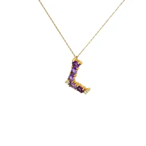 18k Yellow Gold 2.20ct Oval Amethyst and .06ct G SI1 Round Diamond "L" Necklace