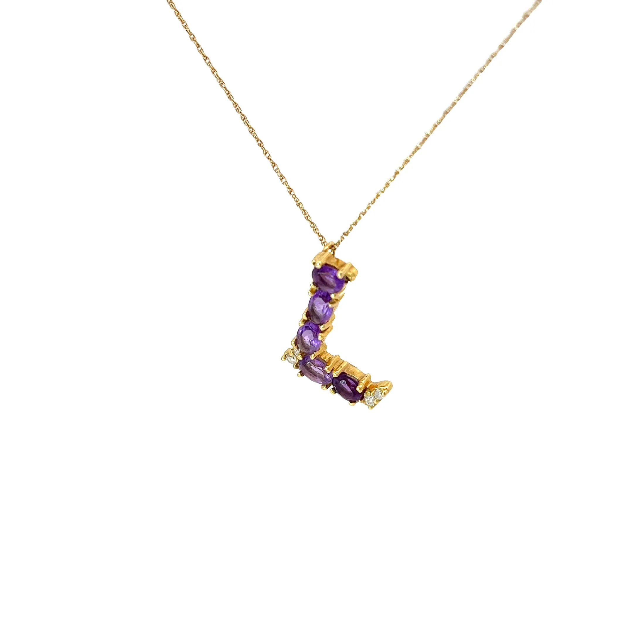 18k Yellow Gold 2.20ct Oval Amethyst and .06ct G SI1 Round Diamond "L" Necklace