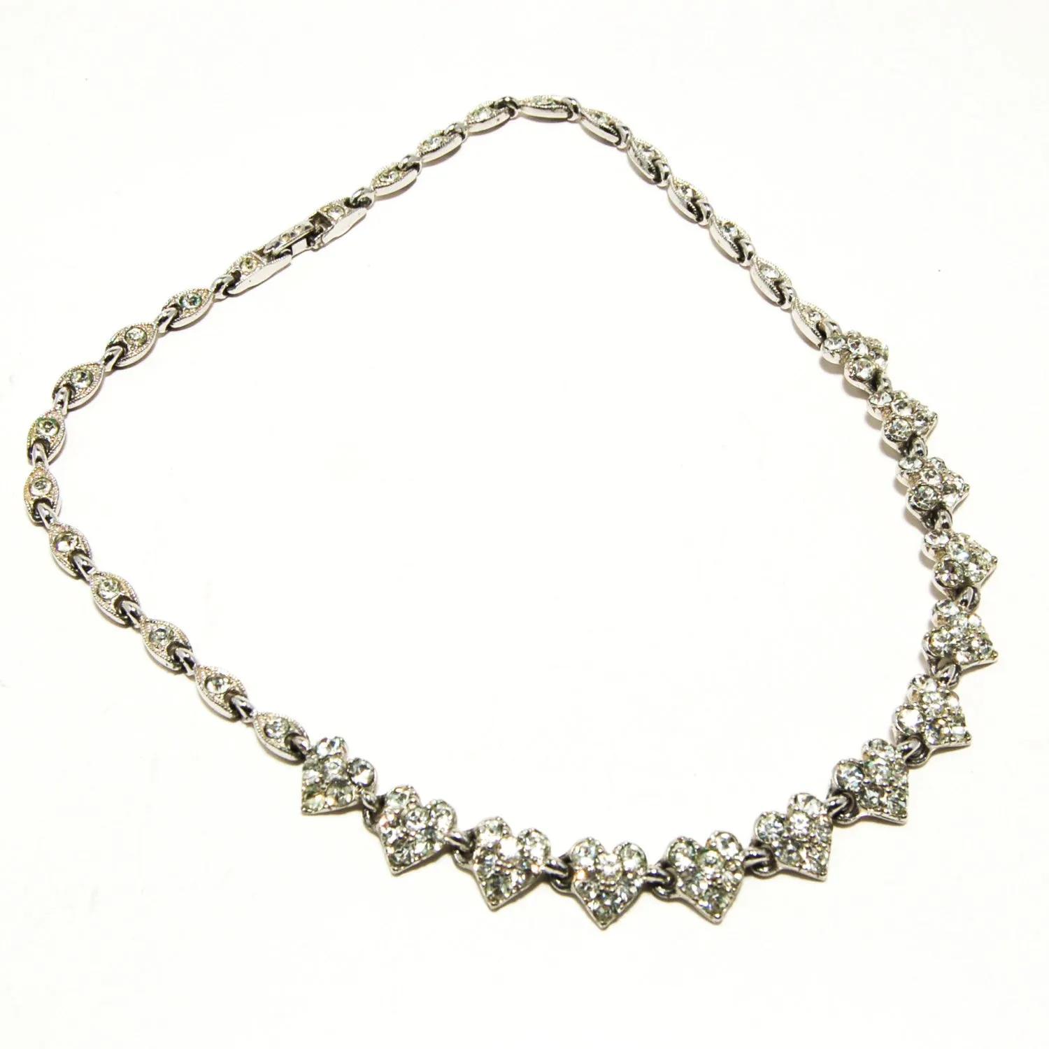 1960's Pave Rhinestone Necklace with Heart Detail by Bogoff