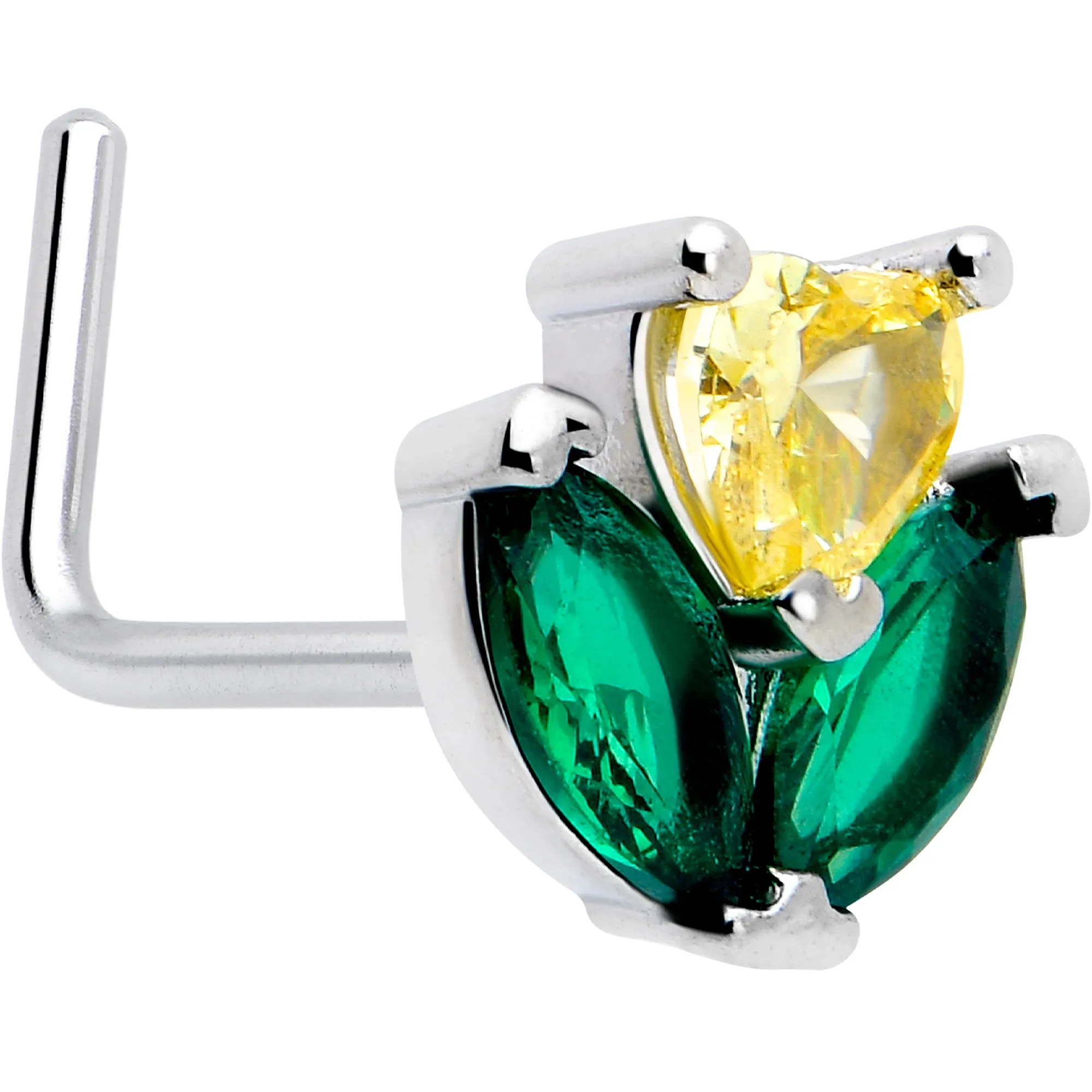 20 Gauge 7mm Yellow Green CZ Gem Love Flower L Shape Nose Ring