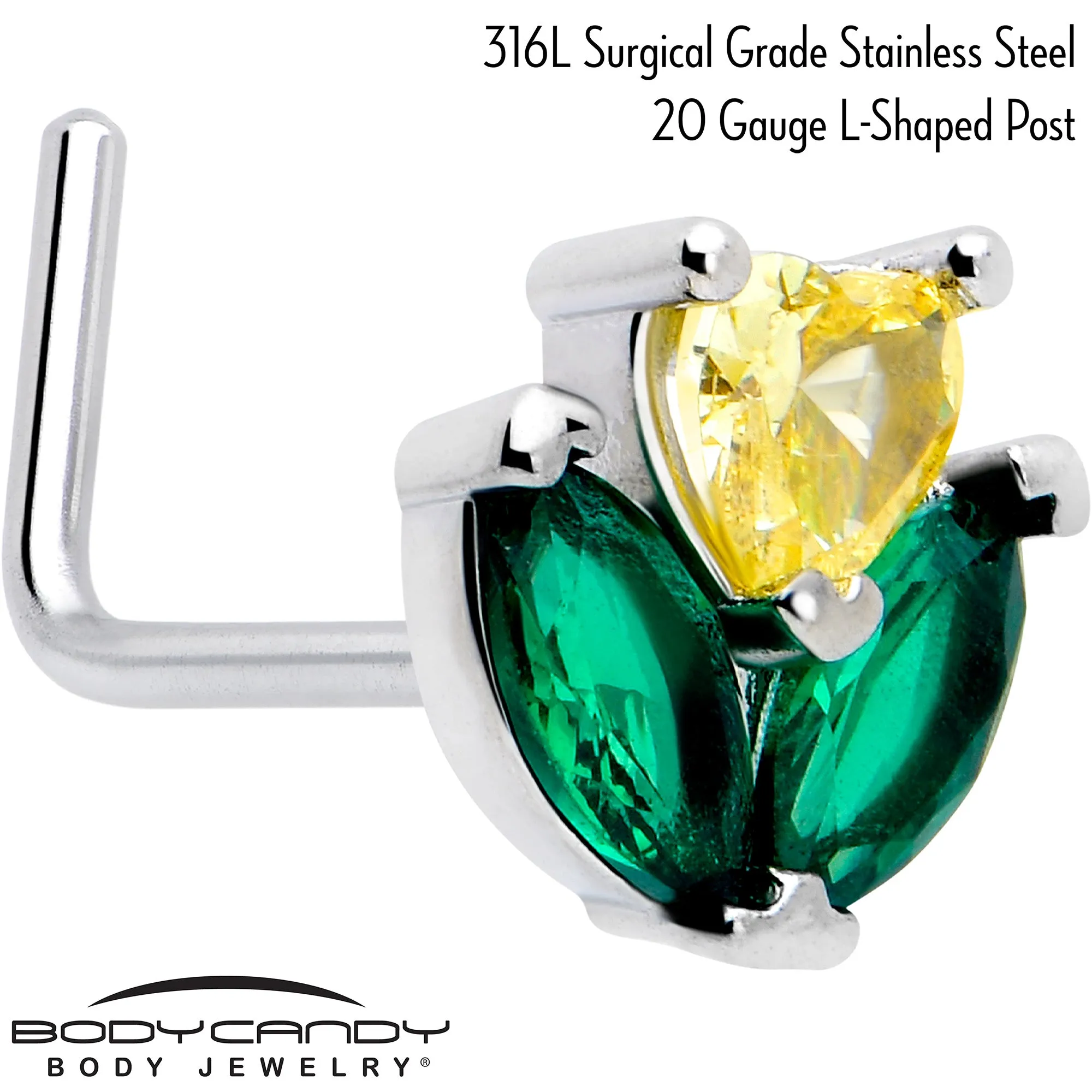 20 Gauge 7mm Yellow Green CZ Gem Love Flower L Shape Nose Ring