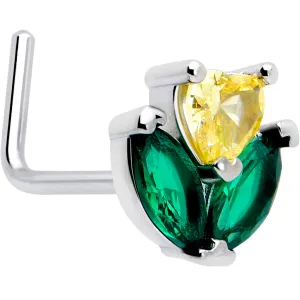 20 Gauge 7mm Yellow Green CZ Gem Love Flower L Shape Nose Ring