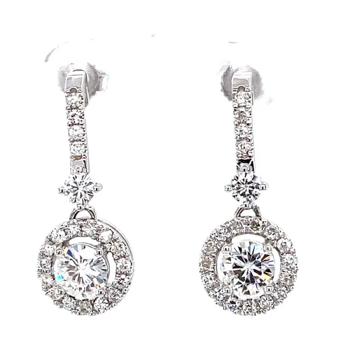 2.03 CTW DEW Round Moissanite Halo Drop Earrings in 14K White Gold