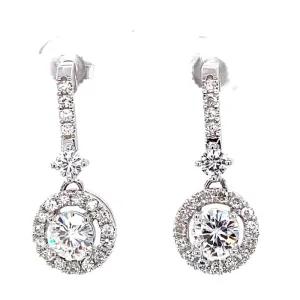 2.03 CTW DEW Round Moissanite Halo Drop Earrings in 14K White Gold
