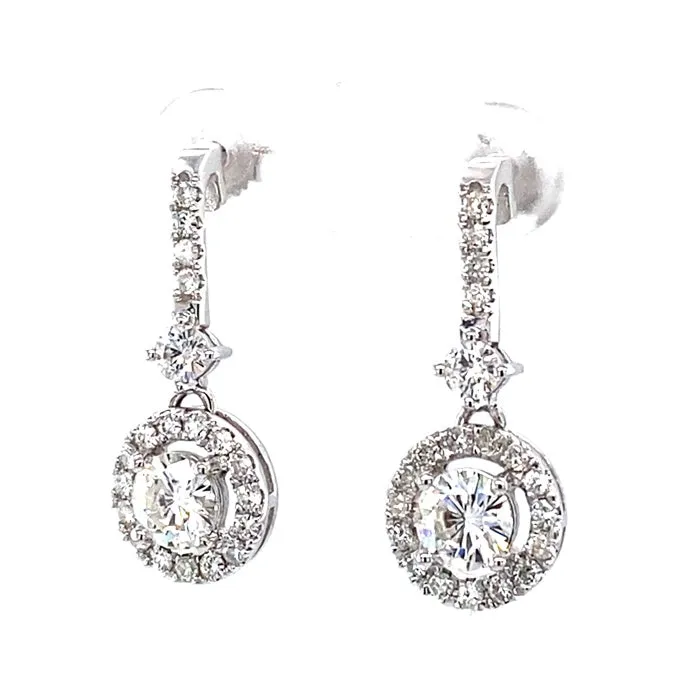 2.03 CTW DEW Round Moissanite Halo Drop Earrings in 14K White Gold