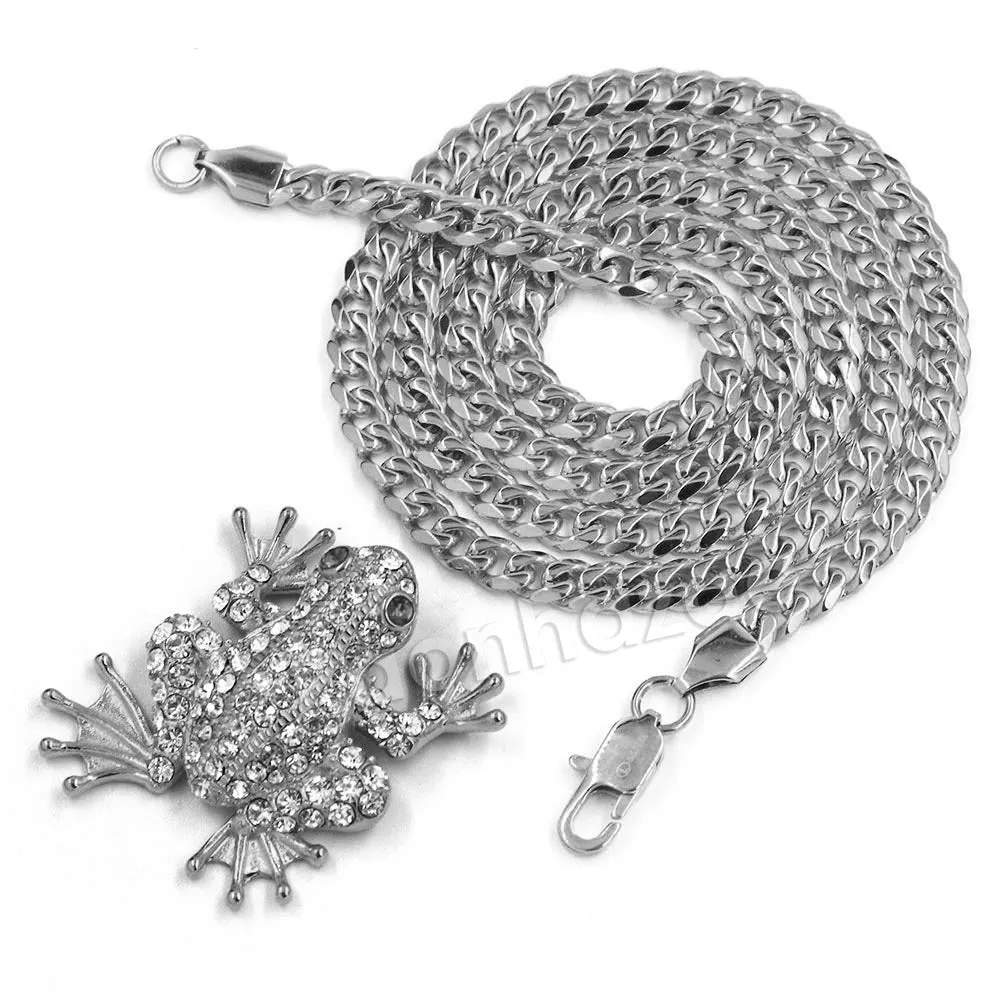 316L Stainless Jumping Red Eyed Frog Ice Out Pendant w/ 4mm Miami Cuban Chain