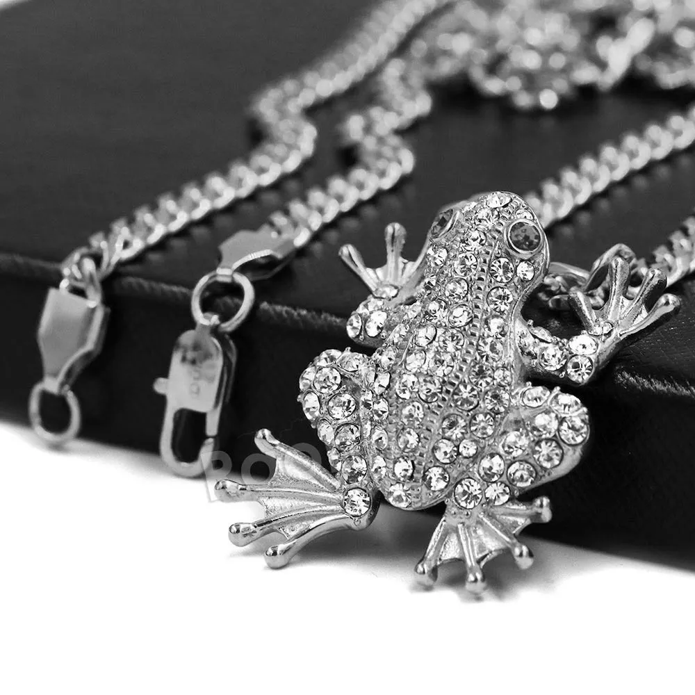 316L Stainless Jumping Red Eyed Frog Ice Out Pendant w/ 4mm Miami Cuban Chain