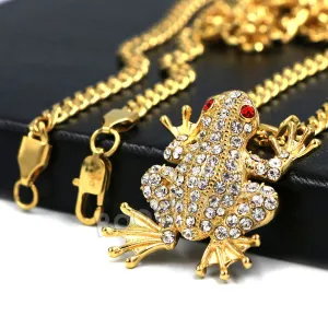 316L Stainless Jumping Red Eyed Frog Ice Out Pendant w/ 4mm Miami Cuban Chain
