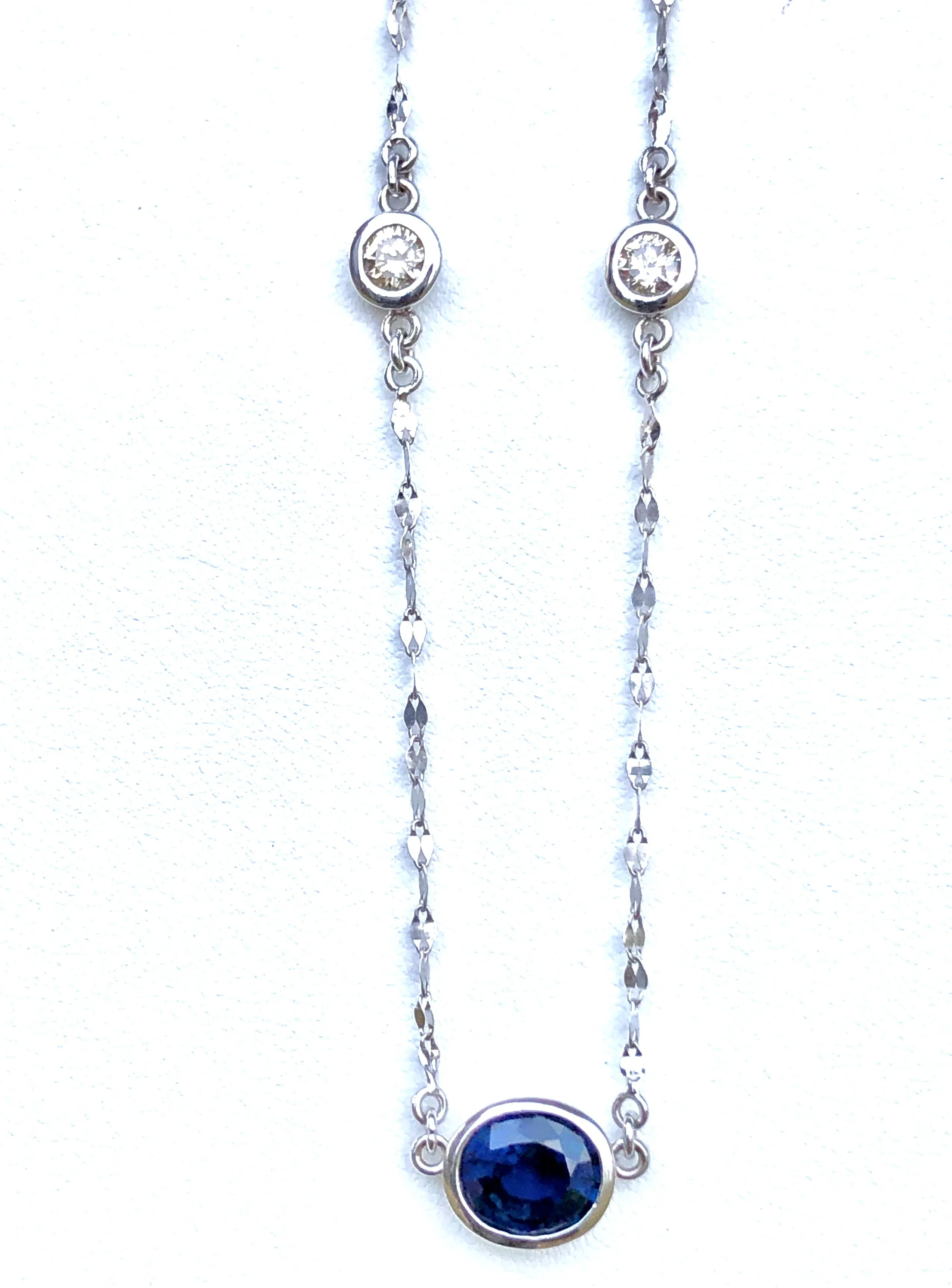 3.17 Carat Oval Shape Blue Sapphire and Diamond Solitaire Pendant Necklace