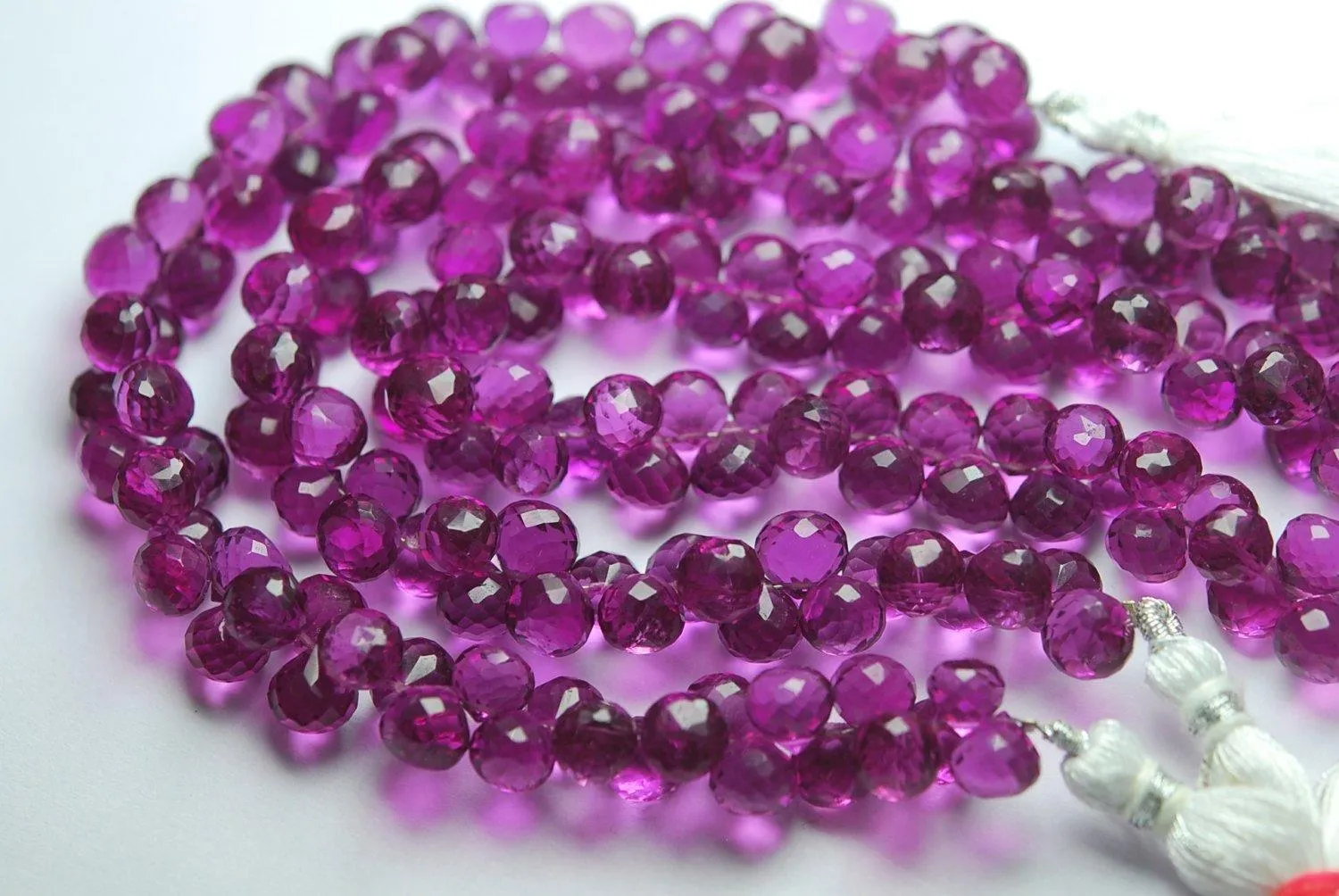 3.5 Inch Strand Rhodolite Pink Quartz Faceted Onion Shape Briolette, Size 7-8mm