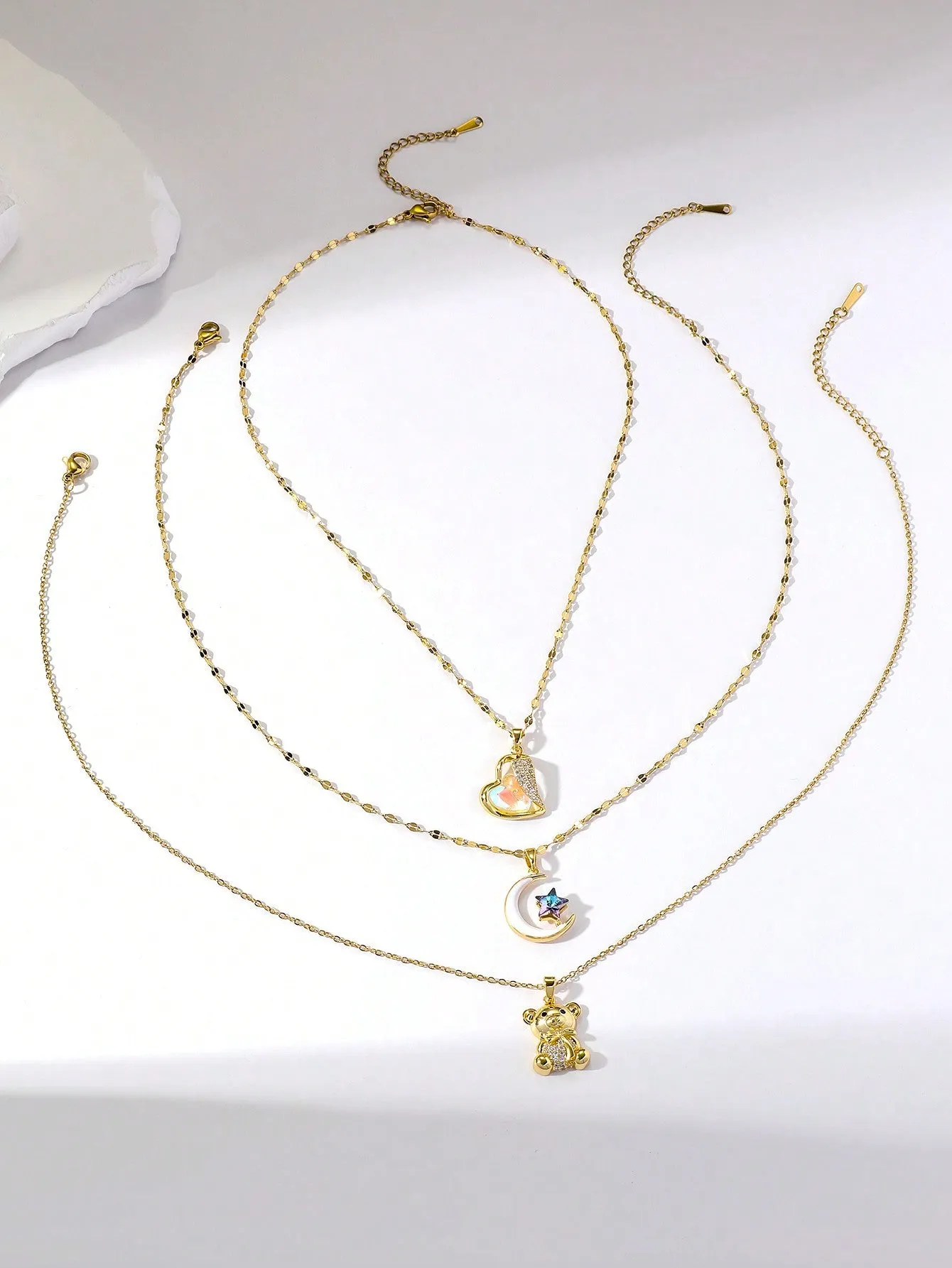 3pcs Unique Design Necklace With Heart & Cat's Eye & Cute Bear
