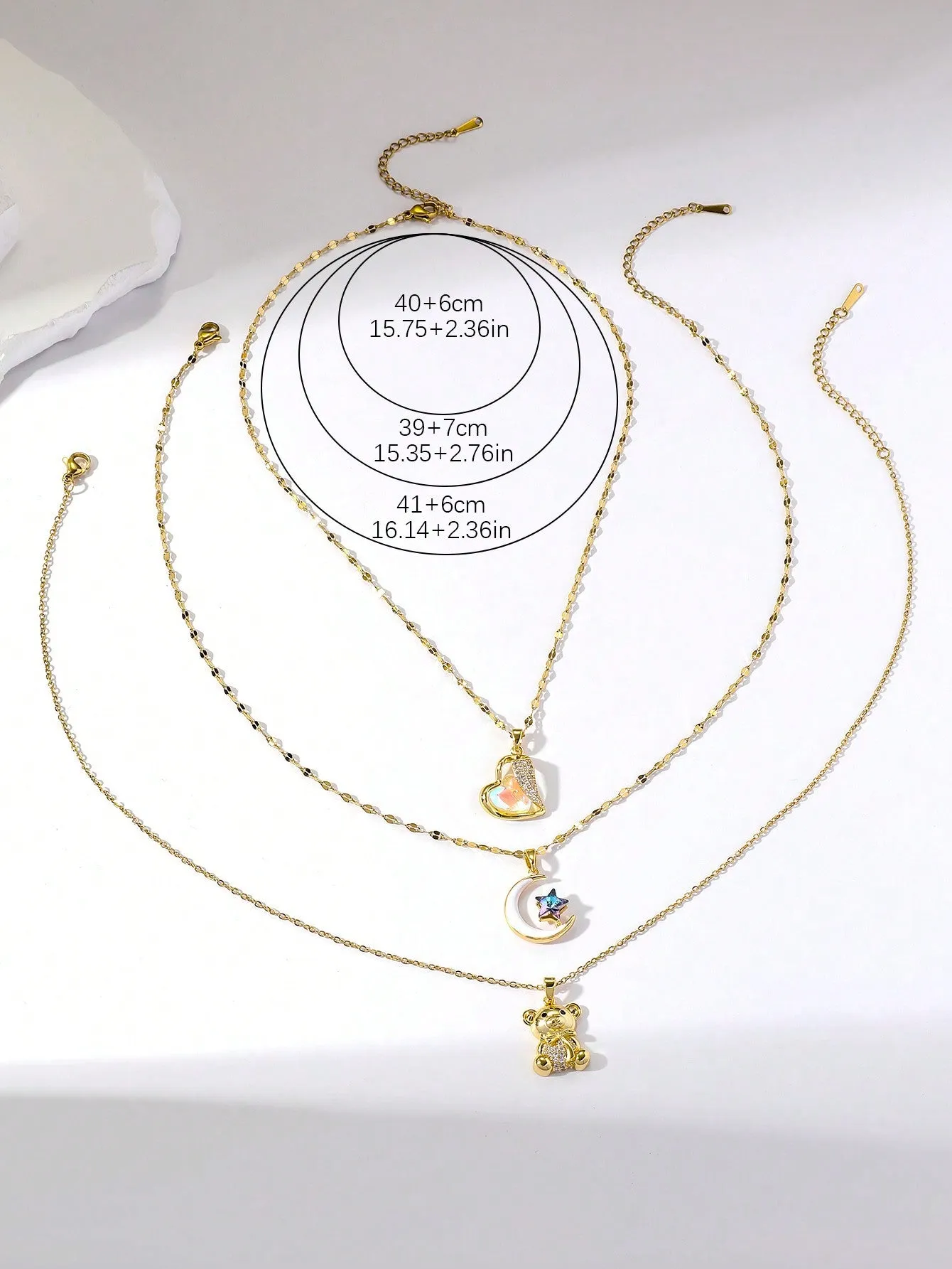 3pcs Unique Design Necklace With Heart & Cat's Eye & Cute Bear