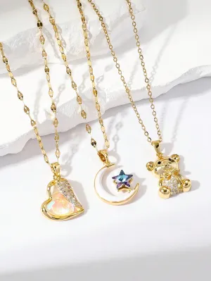3pcs Unique Design Necklace With Heart & Cat's Eye & Cute Bear