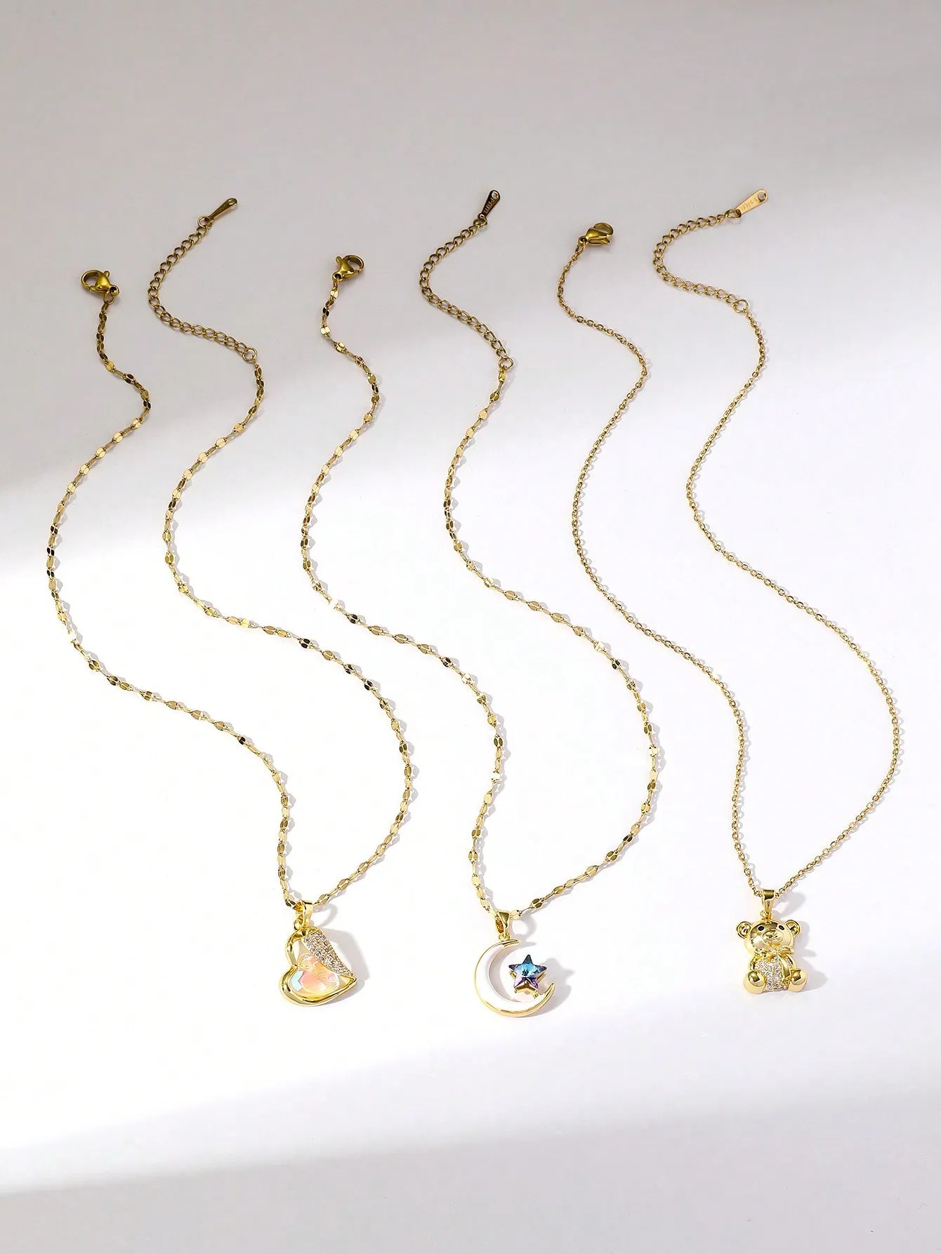 3pcs Unique Design Necklace With Heart & Cat's Eye & Cute Bear